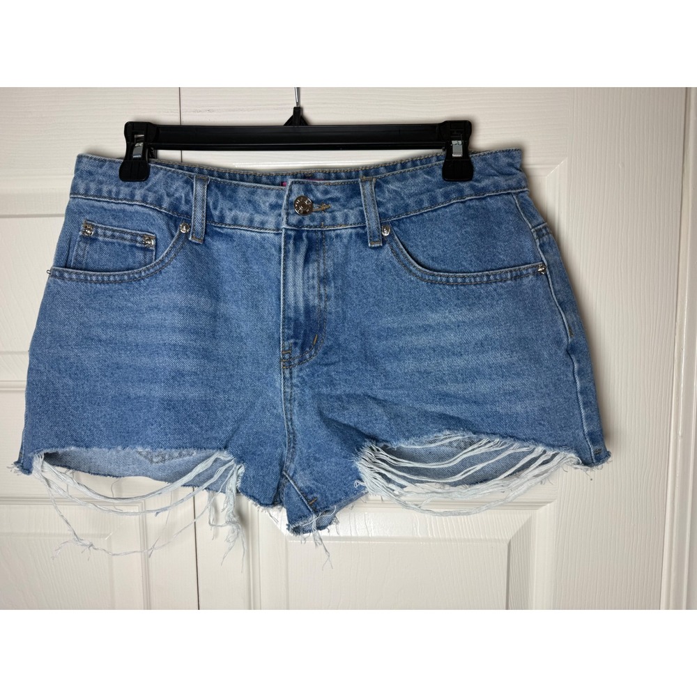 Edikted Womens Distressed Denim Shorts Blue High Waisted Frayed‎ Hem  Size M